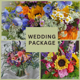 Collage of colorful wedding bouquets and arrangements with a "WEDDING PACKAGE" label.