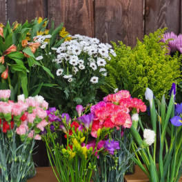 Assorted bouquets of colorful flowers arranged in bunches