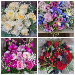 Four colorful bouquets arranged in a collage, including cream, pink, purple, and red roses.