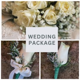 Wedding package with ivory rose bouquet and matching rose boutonnieres