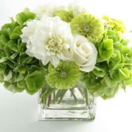 Green and white bouquet in a clear square vase