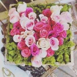 Heart-shaped box of pink and white roses with green moss trim