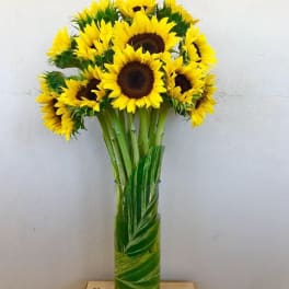 Bouquet of yellow sunflowers in a tall glass vase