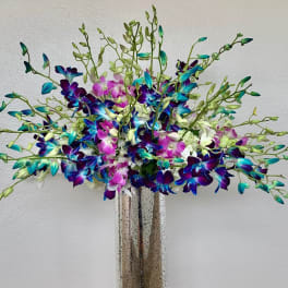 Colorful orchid arrangement in a tall metallic vase