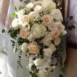 Bride holding a cascading bouquet of white and blush flowers