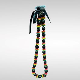 Black beaded necklace with colorful rainbow accents and a ribbon tie
