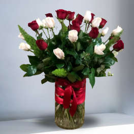 Tall glass vase of red and white roses wrapped with a red ribbon bow