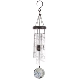 Hanging wind chime with clear tubes and a round decorative disc