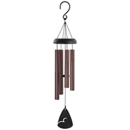 Hanging wind chime with brown metal tubes and a black clapper