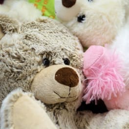 Pile of plush teddy bears in cream, brown, and pink