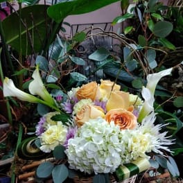 Basket arrangement with peach roses, white hydrangea, and white calla lilies