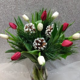 Red and white tulips arranged in a glass vase with pinecones
