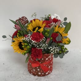 Bouquet of sunflowers and red carnations in a red patterned box