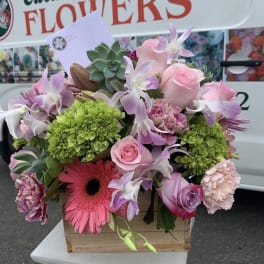 Mixed pink and purple flowers in a wooden box with succulents