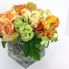 Orange and peach roses with green blooms in a square glass vase