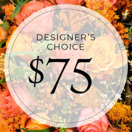 Designer’s choice bouquet with orange and pink flowers and a $75 price label