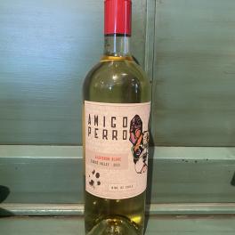 Bottle of white wine with a red cap and label