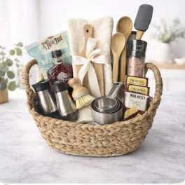 Gift basket with tea, snacks, and kitchen utensils