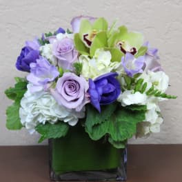Lavender and white floral arrangement in a square glass vase