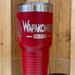 Red insulated tumbler with silver lid and printed logo