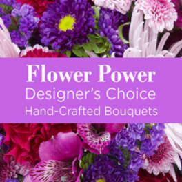 Purple and pink mixed flowers with a text banner reading Flower Power
