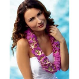 Woman wearing a purple flower lei over a white dress