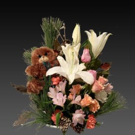 Bouquet with white lilies, pink roses, and a teddy bear