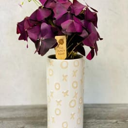 Purple shamrock plant in a white patterned ceramic vase