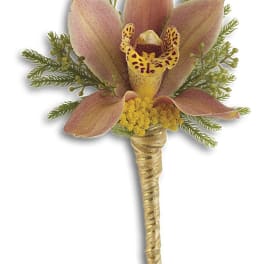 Single orchid boutonniere with gold ribbon wrap