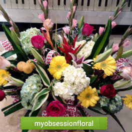 Mixed bouquet with roses, hydrangeas, gerbera daisies, and lilies