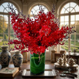 Red orchid arrangement in a green glass vase on a tray