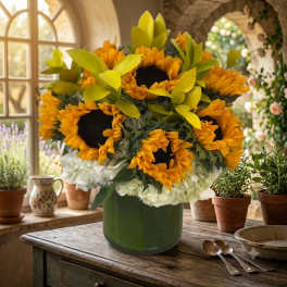 Bouquet of sunflowers in a green vase with white flowers below