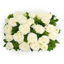 Rectangular arrangement of white ranunculus with green tufted blooms in a compact design