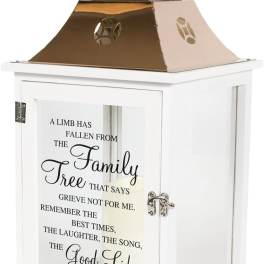 White memorial lantern with a printed sympathy message