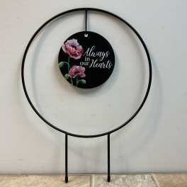 "Always in our hearts" metal plant trellis and plaque