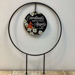 "Cardinals Appear" metal plant trellis with plaque