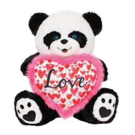 Panda plush holding a heart-shaped pillow with "Love" text