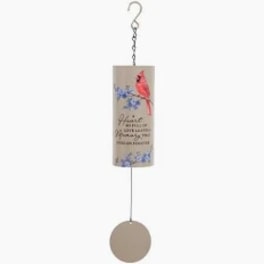 Hanging metal wind chime with a cardinal and floral print