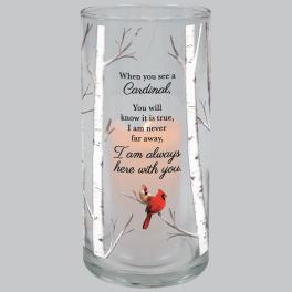 Glass candle holder with cardinal design and memorial text