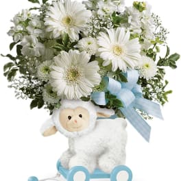 White flower arrangement with a plush lamb on a blue wheeled base