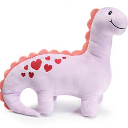 Pink dinosaur plush toy with red heart accents