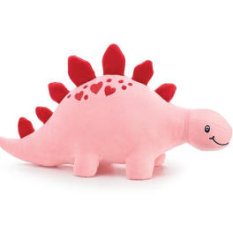 Pink plush dinosaur toy with red spikes and heart details
