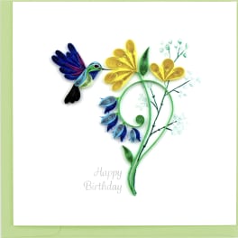 Quilled hummingbird and flowers on a birthday card