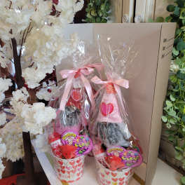 Two Valentine gift baskets with candy and plush gnomes