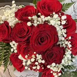 Bouquet of red roses with white baby's breath in decorative wrap