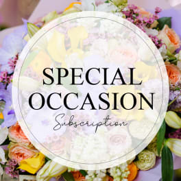 Mixed bouquet with roses, lilies, and calla lilies behind a "Special Occasion Subscription" label
