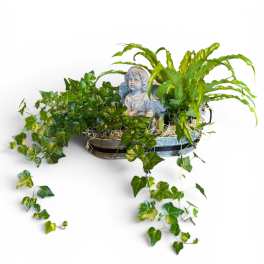 Potted ivy and fern arrangement with a small angel statue
