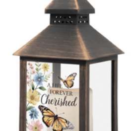 Decorative lantern with butterflies and floral memorial text