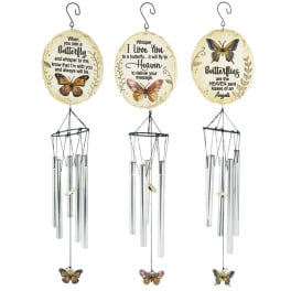Three butterfly memorial wind chimes with hanging metal tubes