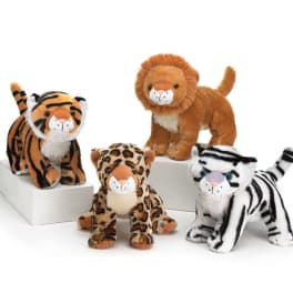 Set of four small plush jungle animals including tigers, a lion, and a leopard on white blocks.